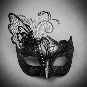 Black Elegant Butterfly Laser-Cut Metal Glitter Masquerade Party Women Face Mask